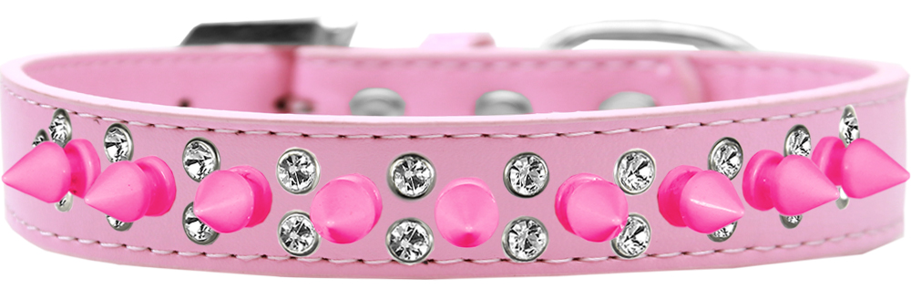 Double Crystal and Bright Pink Spikes Dog Collar Light Pink Size 12